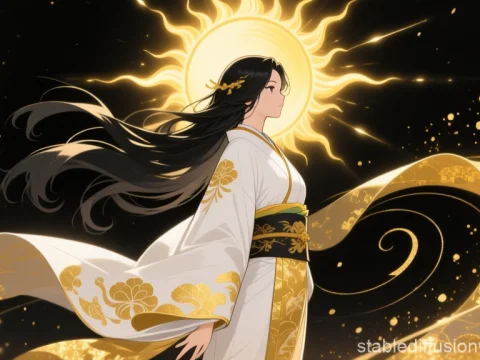 Divine Sun Goddess in Flowing Kimono