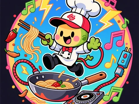 DJ Chef Mascot Cooking Up Fun with Music and Noodles