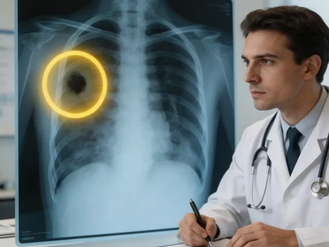 Doctor Analyzing Chest X-Ray with Highlighted Lung Anomaly