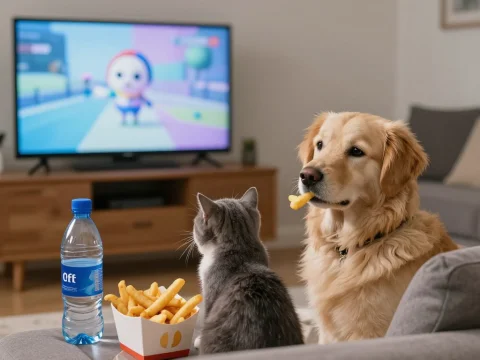 Dog and Cat Watching TV with French Fries