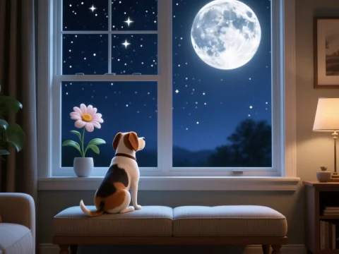 Dog Gazing at Full Moon from Cozy Living Room