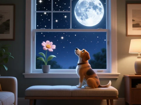 Dog Gazing at the Moon in a Cozy Living Room