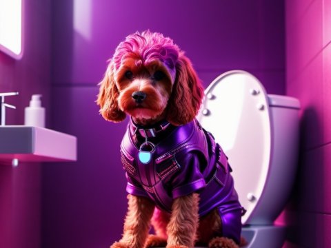 Dog in Futuristic Purple Outfit Sitting on Toilet