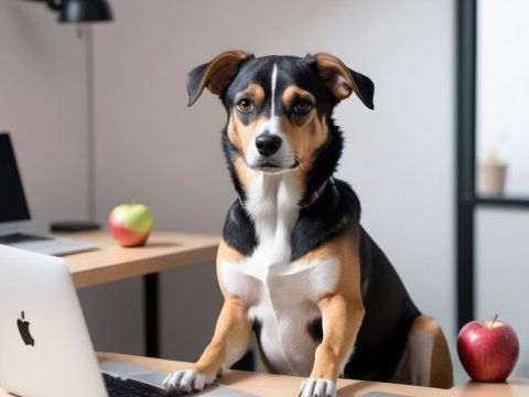 Dog Sitting at Desk with Laptop and Apples