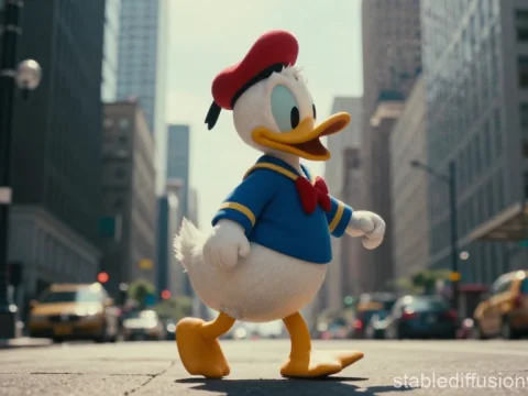 Donald Duck Walking in a Realistic Cityscape