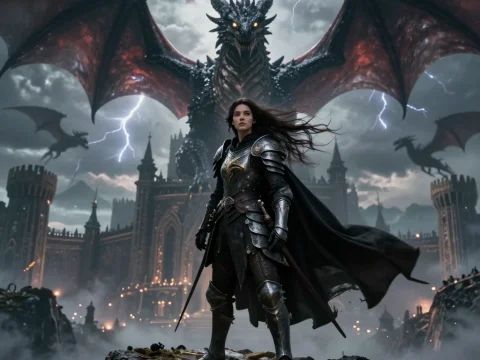 Dragon Rider Standing on Cliff Before Castle