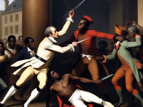 Dramatic Confrontation Between Armed Men in Historical Setting