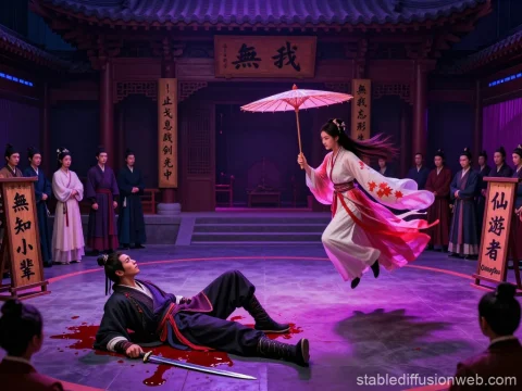 Dramatic Martial Arts Duel in Ancient Chinese Setting