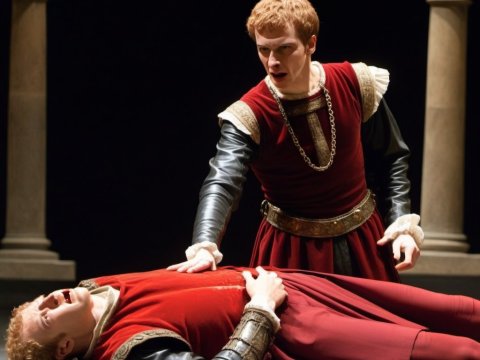 Dramatic Medieval Scene with Two Men in Red Costumes