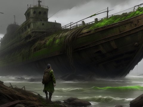 Dramatic Scene of a Lone Figure Facing a Massive Abandoned Ship