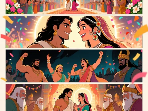 Draupadi's Victory Moment with Arjuna Celebrated by Kings and Sages