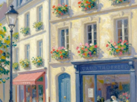Dreamlike European Street Scene with Flower Boxes