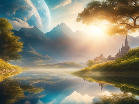 Dreamlike Landscape with Castle and Giant Planet