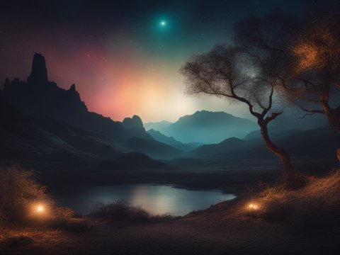 Dreamlike Night Landscape with Glowing Trees and Mountains