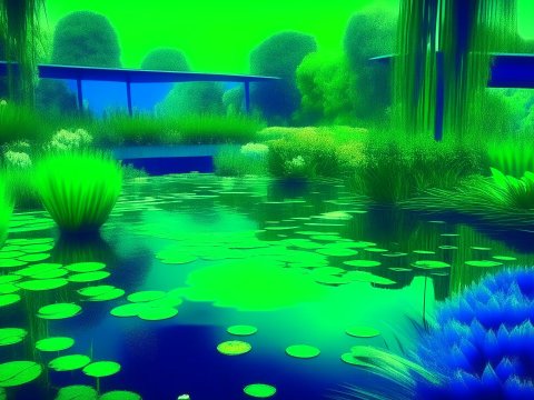 Dreamlike Pond with Lush Greenery and Modern Structure