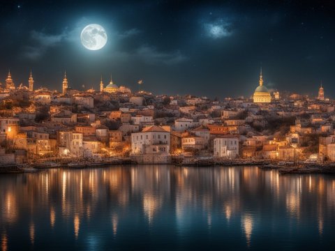 Dreamlike Turkish Cityscape at Night with Full Moon
