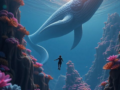Dreamlike Underwater Encounter with Giant Whale