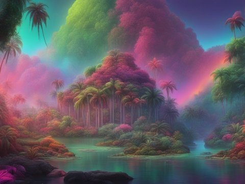 Dreamscape Tropical Jungle with Neon Colors and Mist