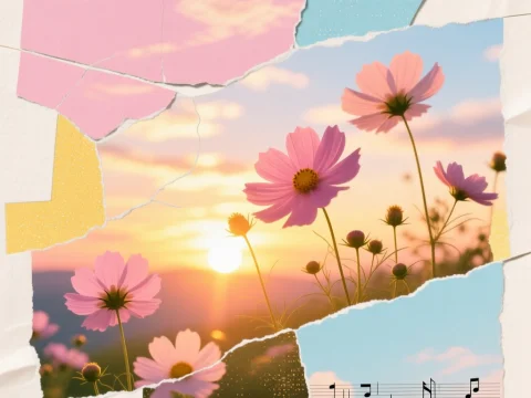 Dreamy Analog Collage of Pink Flowers at Sunset