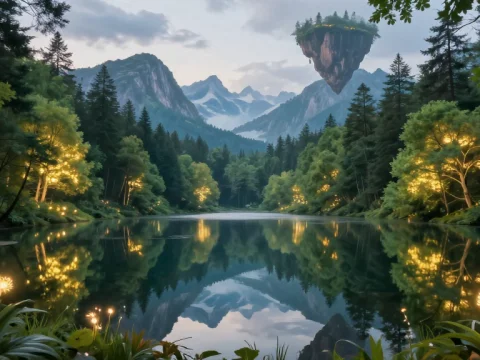 Dreamy Forest Lake with Floating Island at Dusk