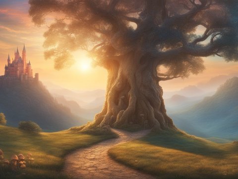 Dreamy Landscape with Enchanted Tree and Castle at Sunset