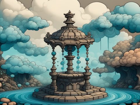 Dreamy Mythological Fountain in Surreal Cloud Forest