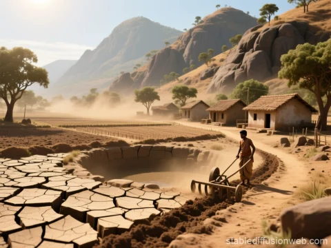 Drought-Stricken Village with Farmer Tilling Dry Land