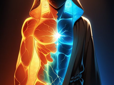 Duality of Fire and Ice in a Hooded Figure