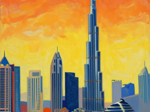 Dubai Skyline with Burj Khalifa at Sunset in Painting Style
