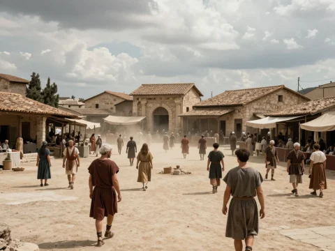 Dusty Roman Market Square with People in Traditional Attire