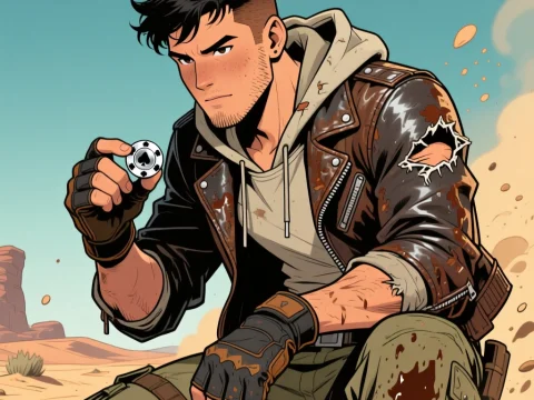 Dusty Survivor Examines Poker Chip in Desert