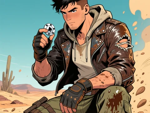 Dusty Survivor Holding a Poker Chip in Desert