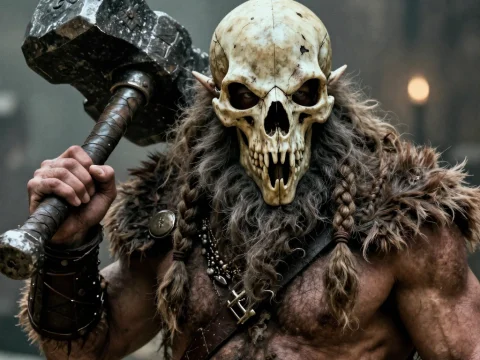 Dwarf Barbarian Wearing Skull Mask with Massive Hammer