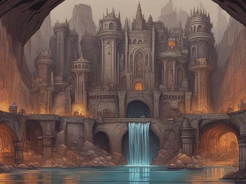 Dwarven City Carved into Mountain with Waterfall