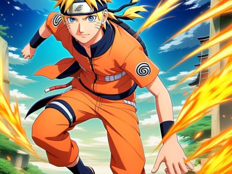 Dynamic Anime Character in Action Pose with Fiery Effects