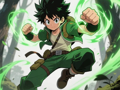 Dynamic Anime Character with Green Energy Aura