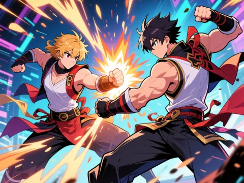 Dynamic Anime Fighter Combat Scene with Explosive Impact