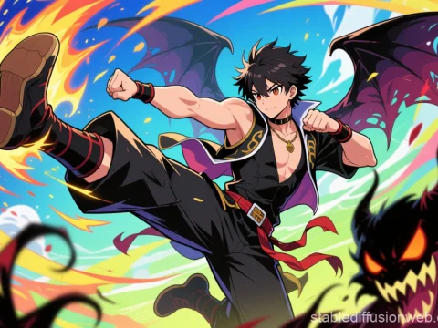 Dynamic Anime Fighter Kicking Fiery Demon