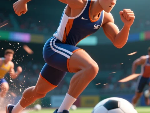 Dynamic Athlete Sprinting on Track with Soccer Ball