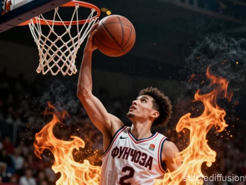Dynamic Basketball Slam Dunk with Fiery Effects