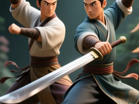 Dynamic Duel of Chinese Swordmasters in Traditional Attire