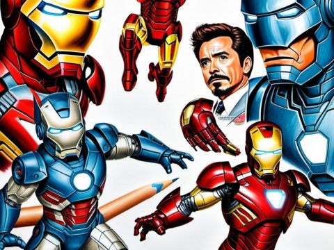Dynamic Illustration of Iron Man Armors and Tony Stark