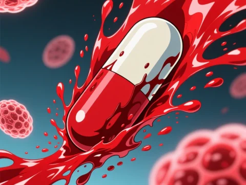 Dynamic Red and White Capsule Splashing Through Abstract Cells