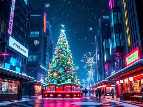 Dynamic Sci-Fi Christmas Tree in Futuristic Cityscape