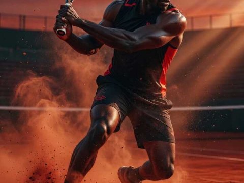 Dynamic Tennis Player in Action on Clay Court