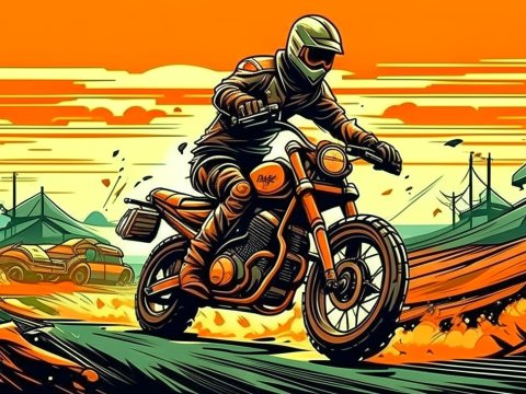 Dynamic Western Motorcycle Rider in Vibrant Sunset Scene