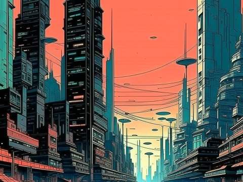Dystopian Futuristic Cityscape at Sunset