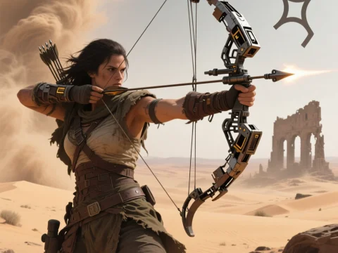 Dystopian Hunter Aiming High-Tech Bow in Desert Ruins