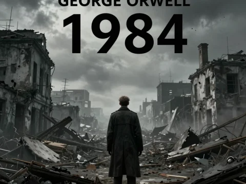 Dystopian Ruins with Lone Figure - 1984 Cover Art