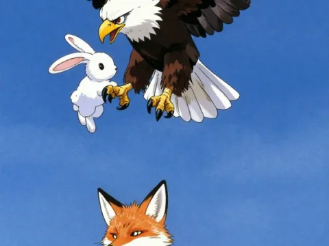 Eagle Captures Rabbit While Fox Watches in Anime Style